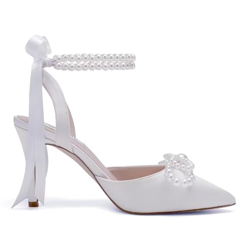 Image of Pearl Wedding Shoes for Bride High Heel Bridal Shoes Closed Toe Wedding Heels