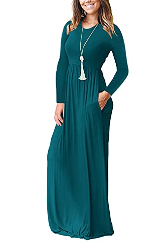 Image of AUSELILY Womens Long Sleeve Maxi Dress Casual Empire Waist with Pockets | Versatile year round long dress for spring, fall, winter, available in floral prints and solids