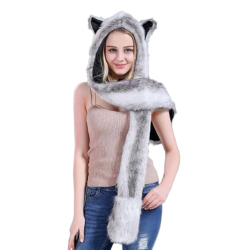 Faux Fur Animal Hat 3 in 1 Novelty Hood Earflap Cap Scarf Mitten Hoodie with Paw Pocket Plush Beanie Party Costume2