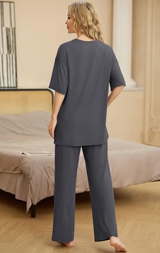 Image of PrinStory Womens Pajamas Sets 2 Piece Lounge Set Short Sleeve Tops and Long Pants Soft Pjs Loungewear with Pockets