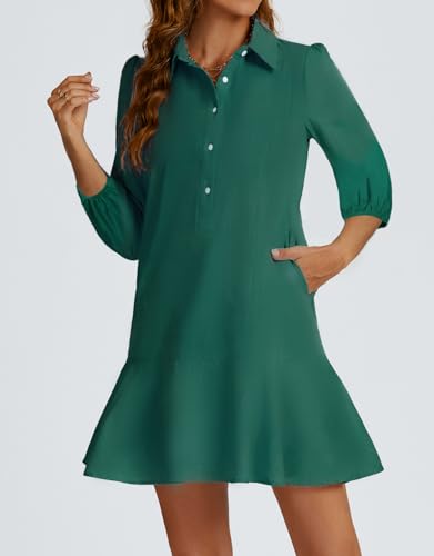 Image of YEXPINE Women Button Down Dress Casual 3 /4 Puff Sleeve Cotton Linen Dress Flowy Ruffle Hem Tunic Shirt Dresses