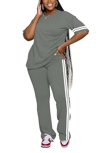 Women's 2 Piece Outfits Crewneck Short Sleeve Tops and Flare Pants Lounge Sets Tracksuit Grey XL2