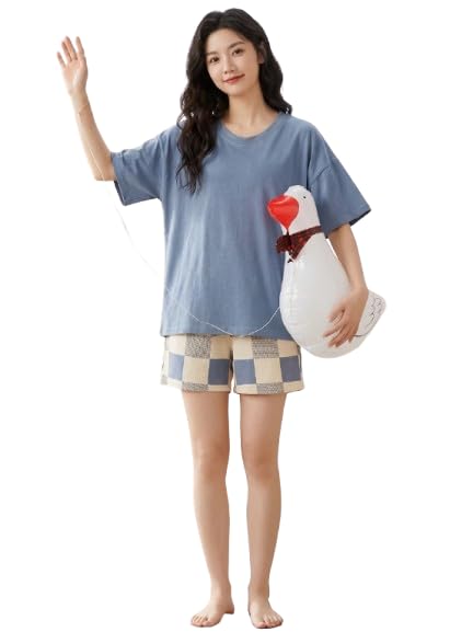 shine n' show - forever gorgeous Women's Oversized Cotton Pajama Set, Blue Short Sleeve T-Shirt with Checkered Shorts, Casual Loungewear Nightwear-picture-38
