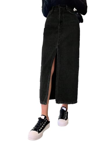 Image of KOTTY Women's High Waist Denim Maxi Skirt with Front Slit | Stylish Long Jean Skirt for Women | Trendy Straight Fit Casual Wear