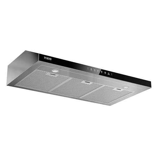 Image of VIKIO HOME Under Cabinet Range Hood 36 Inch, 900 CFM Dual Centrifugal Motor, 3-Speed Ducted Kitchen Vent, Reusable Filters, Stainless Steel Kitchen Hood with LED Lights, Low Noise, Glass Black