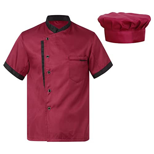 YEAHDOR Unisex Chef Coat Jacket with Hat Outfit Short Sleeve Button Shirt Kitchen Work Uniform for Men Womens Burgundy X-Large