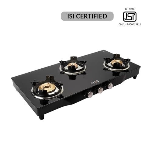 Image of IVAS Ultraflame 3 Burner Premium Glass Cooktop | ISI Certified | Diamond Cut Design |Thick Toughened Glass |Sturdy Pan Support | Safety, Reliability, High Efficiency | 5 years warranty on Glass