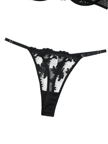 Image of Lilosy Sexy Leaf Floral Embroidered Mesh Sheer Women Underwire Push Up Lingerie Set