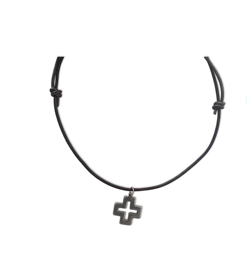 Collar de cuero con cruz griega hueca de acero inoxidable para hombre y mujer. Regalo Perfecto para cumpleaños, Confirmación, graduación...