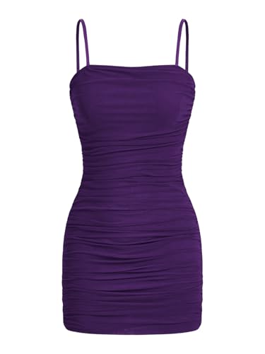 SOLY HUX Women's Sexy Ruched Spaghetti Strap Mini Dress Sleeveless Bodycon Party Cocktail Dresses