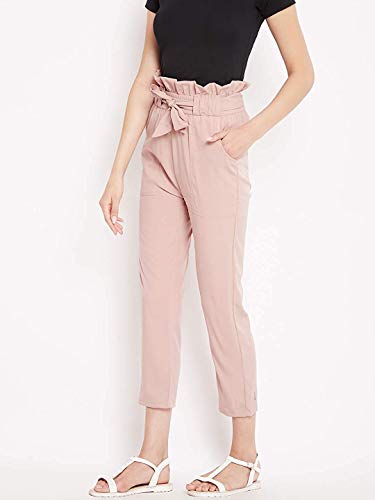 Image of PANIT Solid Rose Gold Colour Pleated elsticated high Waist Trouser has tie up at Waist and Two Pockets.
