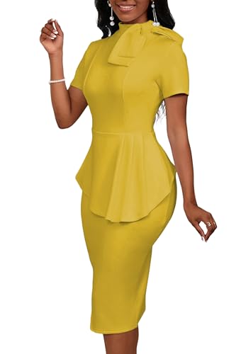 Image of PerZeal Women's Fashion Peplum Bodycon Short Sleeve Work Dresses Bow Club Ruffle Pencil Formal Cocktail Dress