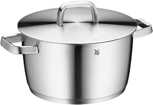 WMF Iconic Kochtopf groß 24cm, hochwertiger Edelstahldeckel, Fleischtopf Induktion 5, l, Topf groß, wärmereduzierte Griffe, Cromargan Edelstahl poliert, unbeschichtet