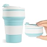 12oz Collapsible Cup for Traveling, Collapsible Silicone Travel Cup for Hot and Cold Drinks, Leak Proof Silicone Folding Travel Coffee Mug for Camping & Hiking, BPA Free Blue