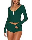 Ezbelle V Neck Pajama Sets for Women Matching Lounge Outfits Two Piece Crop Shirts Short Pants Knit Sweatsuits Fall Fashion DeepGreen Medium