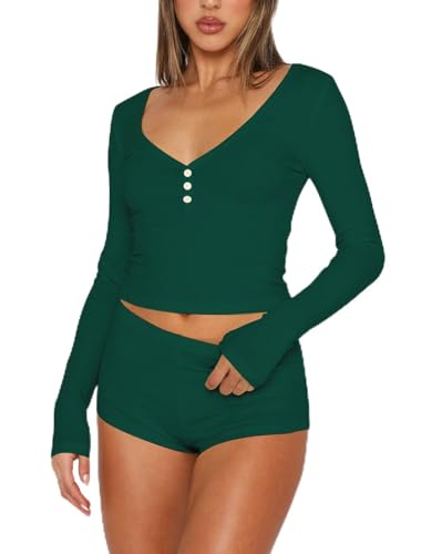 Ezbelle V Neck Pajama Sets for Women Matching Lounge Outfits Two Piece Crop Shirts Short Pants Knit Sweatsuits Fall Fashion DeepGreen Medium