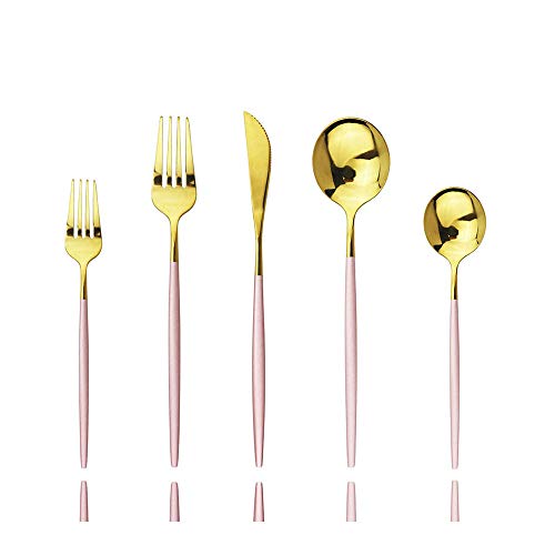 Pink Gold Silverware Set JASHII 30-Piece Stainless Steel Satin Finish Flatware Set Kitchen Utensil Set Mirror Polished Tableware Cutlery Set for Home and Restaurant Dishwasher Safe