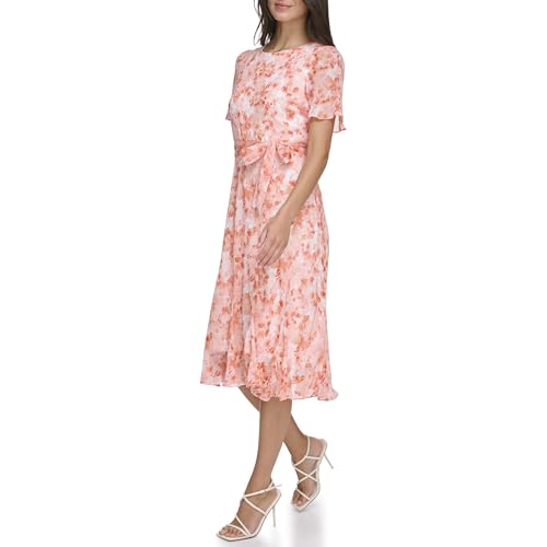 Image of DKNY Women's Flutter Sleeve Round Neck Waist Tie Midi Dress
