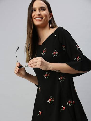 Image of SHOWOFFFF Women Solid Fit and Flare Casual Dress | Off Shoulder 3 /4th Sleeves Cotton Dress for Womens | Mini Dress for Women's