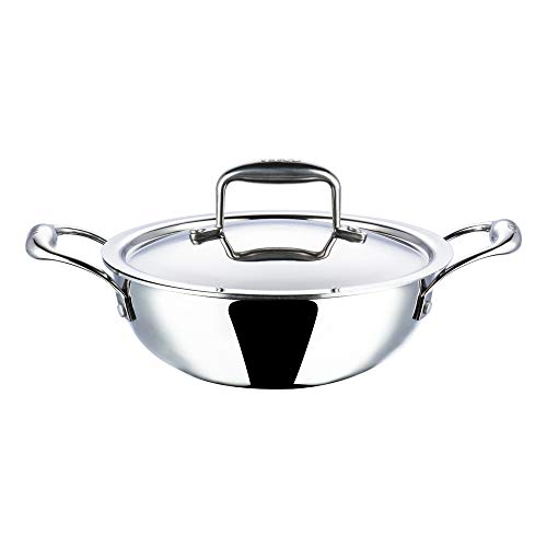 Vinod Platinum Kadai Triply Stainless Steel | Suitable For Indian Cooking, Sauces, Stews, Soups | Deep/Extra Deep Kadai With Lid | Induction, Electric Friendly (Extra Deep Kadai, 20cm)