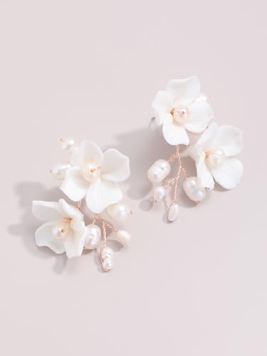 Handmade Ceramic Flower Pearl Stud Earring Drop, White Wedding Prom Accessories Post Earrings Jewelry for Brides Women2
