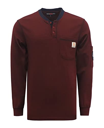 BOCOMAL FR Shirts for Men CAT2 5.5oz Maroon Henley Shirts Flame Resistant Fire Retardant Long Sleeve Shirt