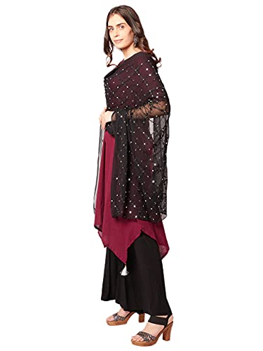 Image of DUPATTA BAZAAR Women's Black Embroidered Chiffon Dupatta with Mirror Work