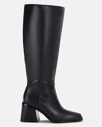 Coutgo Women's Knee High Boots Wide Calf Square Toe Chunky Heeled Pull-on Boot 6