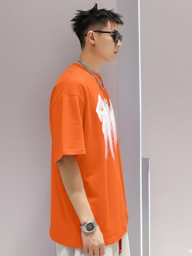 Image of LEOTUDE Classy Look Half Sleeve Cottonblend Front Printed Round Neck Drop Shoulder Oversized Tshirt for Man (Color Orange)