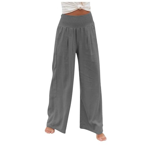 Basysin Linen Pants Women Solid High Waisted Pant Stretchy Wide Leg Pocket Palazzo Pants Casual Comfy Beach Pants Trousers2