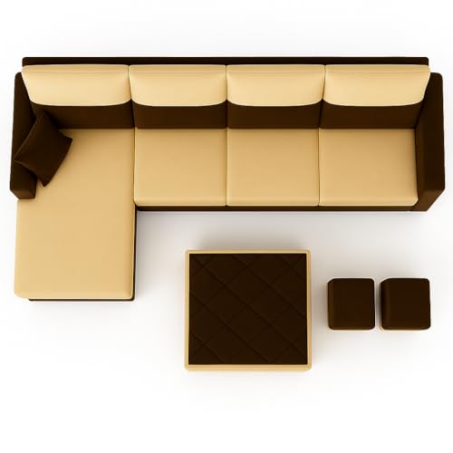Image of FURNY Arissa 8 Seater Fabric LHS L Shape Sofa Set with 1 Centre Table & 2 Puffy (Cream-Dark Brown) Premium Velvet Finish | Durable Comfort | Ideal for Living Room