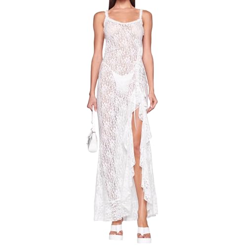 RARITYUS Women Sleeveless See Through Floral Lace Maxi Dress Sexy Backless Side Slit Dress Ruffle Flowy Beach Cover Up Dress