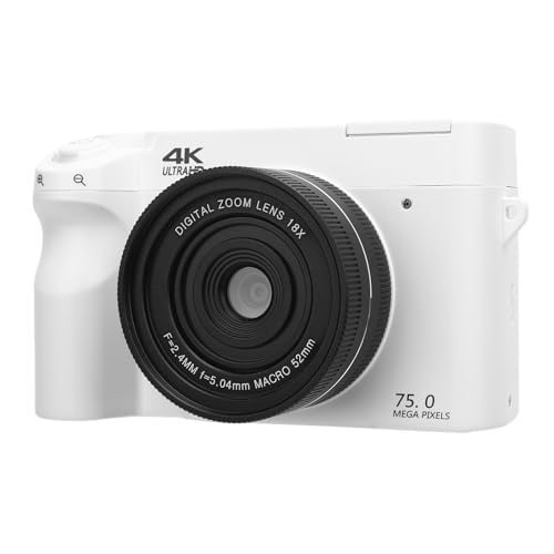ASHATA 4K Digital Camera, 75MP UHD Digital Cameras 3.0 Inch Ultra HD Screen 18X Digital Zoom WiFi Digital Video Camera with Flash Compact Travel Cameras for Beginners and Teens (White)