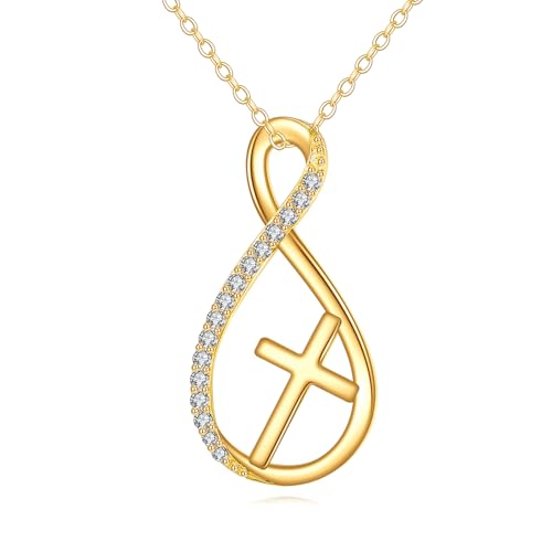 DOVRAN 14K Solid Gold Cross Necklace Gold Infinity Pandent Necklace for Women Religious Christian Jewelry Gifts
