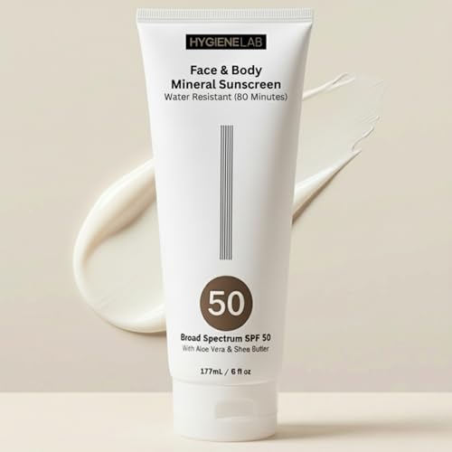 HygieneLab Mineral Sunscreen SPF 50 – Invisible Sheer Finish, Rated Excellent on Yuka, Zinc Oxide, Broad Spectrum UVA/UVB Protection, Reef Safe, Aloe Vera & Shea Butter Hydration (Large 6 oz)