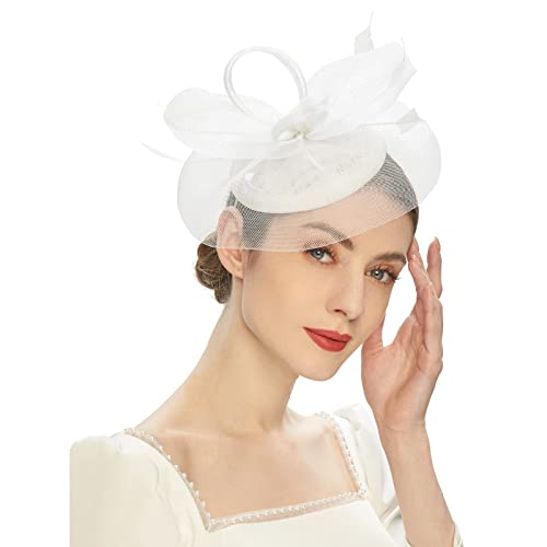Fascinator Hüte für Frauen Pillbox Hut mit Schleier Stirnband und Einer Gegabelten Clip Tea Party Kopfbedeckung Tea Party Fascinator Hut Fascinator Pillbox Hut Stirnband für Cocktail (White One Size)