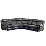 Power Reclining Sectional Sofa Set, L-Shaped Leather Couch with LED Lights, Cup Holders, Speakers USB Port, Storage Box, Drop-Down Table Grey
