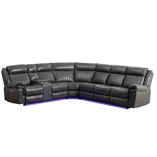 Power Reclining Sectional Sofa Set, L-Shaped Leather Couch with LED Lights, Cup Holders, Speakers USB Port, Storage Box, Drop-Down Table Grey