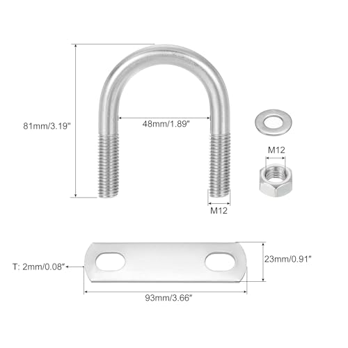 Image of uxcell Round U-Bolts, 4 Sets 48mm(1.89 inch) Inner Width 81mm Length M12 304 Stainless Steel U Clamp Bolt with Nuts and Plates, for Boat Trailer