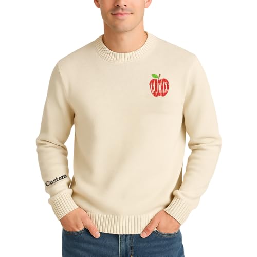 Personalized Teacher Embroidered Sweater, Custom Name Apple Design, Unisex Knit Pullover for Teachers3