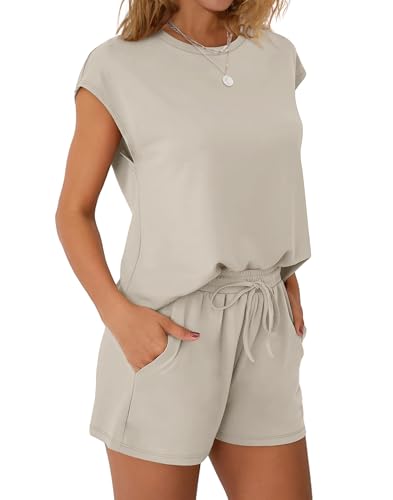 Image of WIHOLL Two Piece Sets for Women Summer Crew Neck Lounge Short Sets Cap Sleeve Drawstring Sweatsuit with Pocket