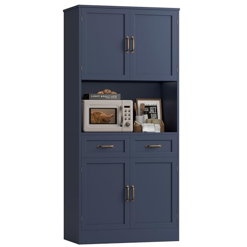 HOSTACK 71 Tall Kitchen Pantry Storage Cabinet Modern Kitchen Hutch Bar Cabinet with Microwave Stand Wood Buffet Sideboard with Hutch Cupboard with Drawers Shelves for Dining Room Blue
