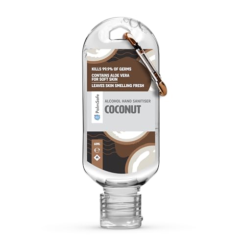 Palm Safe Coconut 60ml Anti Bacterial Premium Hand Sanitiser Travel Size Refillable Clip Bottle Quick Drying Non Sticky Extra Moisturising Kills 99.9% of Viruses and Bacteria