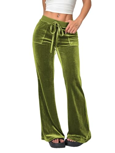 LifeShe Womens Velvet Flare Pant Drawstring Waist Bell Bottom Leggings Casual Long Palazzo Trousers
