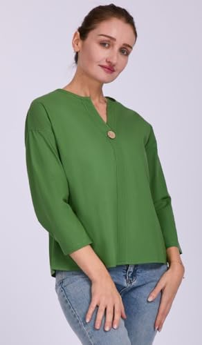 Women's V-Neck Cotton Linen Shirt Top 3/4 Roll-Up Sleeve Summer Casual Loose Solid Blouses Tunic Tops with Button4