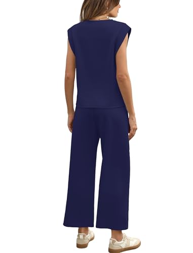 Image of SAMPEEL Two Piece Sets for Women Casual Travel Vacation Outfits Summer Wide Leg Crop Pants Lounge Sets