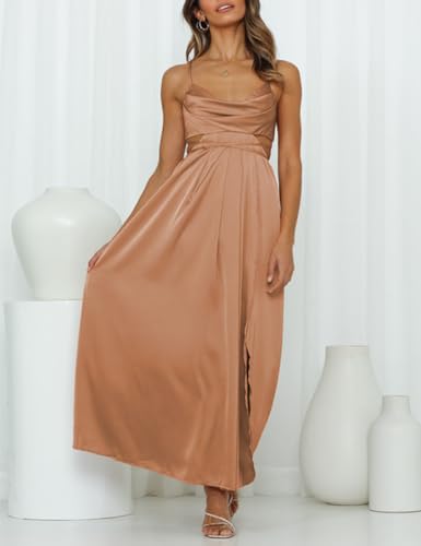 Women's Satin Cowl Neck Backless Maxi Dress Sexy Tie Back Spaghetti Strap Ruched Wedding Guest Slit Long Dresses4