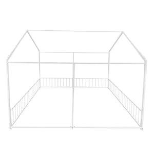 Double Montessori Floor Bed with Fence Roof for Two Kids Teens Boys GirlsTwin Floor BedEasy AssembleNo Box Spring Needed White
