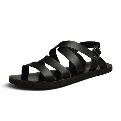 Men's Leather Cutout Flat Fisherman Sandals with Adjustable Ankle Buckle Lightweight Non-Slip Gladiator Sandals Fashion Open Toe Summer Beach Sandals