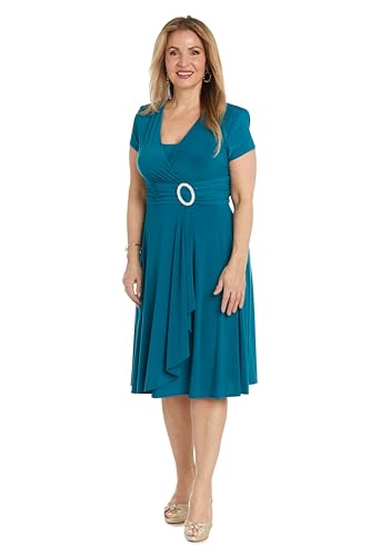 Image of R&M Richards Women's Cascade Wrap Dress with V-Neck & O-Ring Rhinestone Buckle, Work to Weekend Short Sleeve Flowy Silhouette
